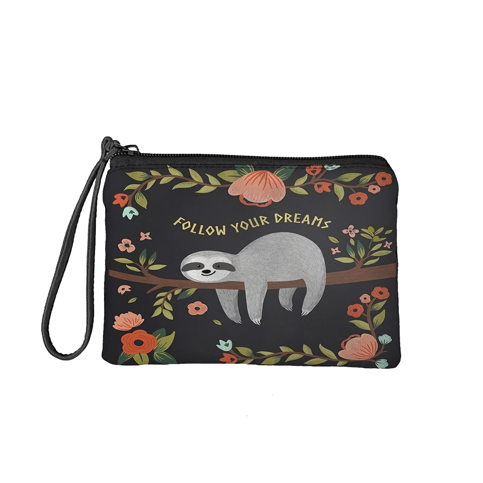 NETILGEN Women Travel Wristlet Wallet, Follow Your Dreams Sloth Flower Print Coin Purse Flannel Mini Purse Makeup Pouch Cosmetic Bag Organizer Portable Case Ladies Girls Stylish ​Gift