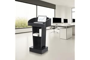 Black Wooden Podium Stand, 43.3 in Floor Standing Speaking Lectern & Podium, Portable Podium Stand with Shelves, Wood Pulpits