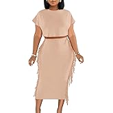 LYANER Women's 2 Piece Outfits Crew Neck Fringe Short Sleeve Crop Top and Tassel Trim Bodycon Midi Skirt Set