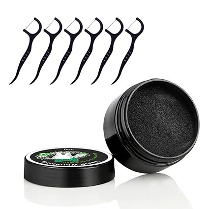 Healifty Zahnpflegesets Bambuskohle Zahnseide Picks 50 Stück und Aktiviert Zahnaufhellung Pulver 30G (Schwarz)