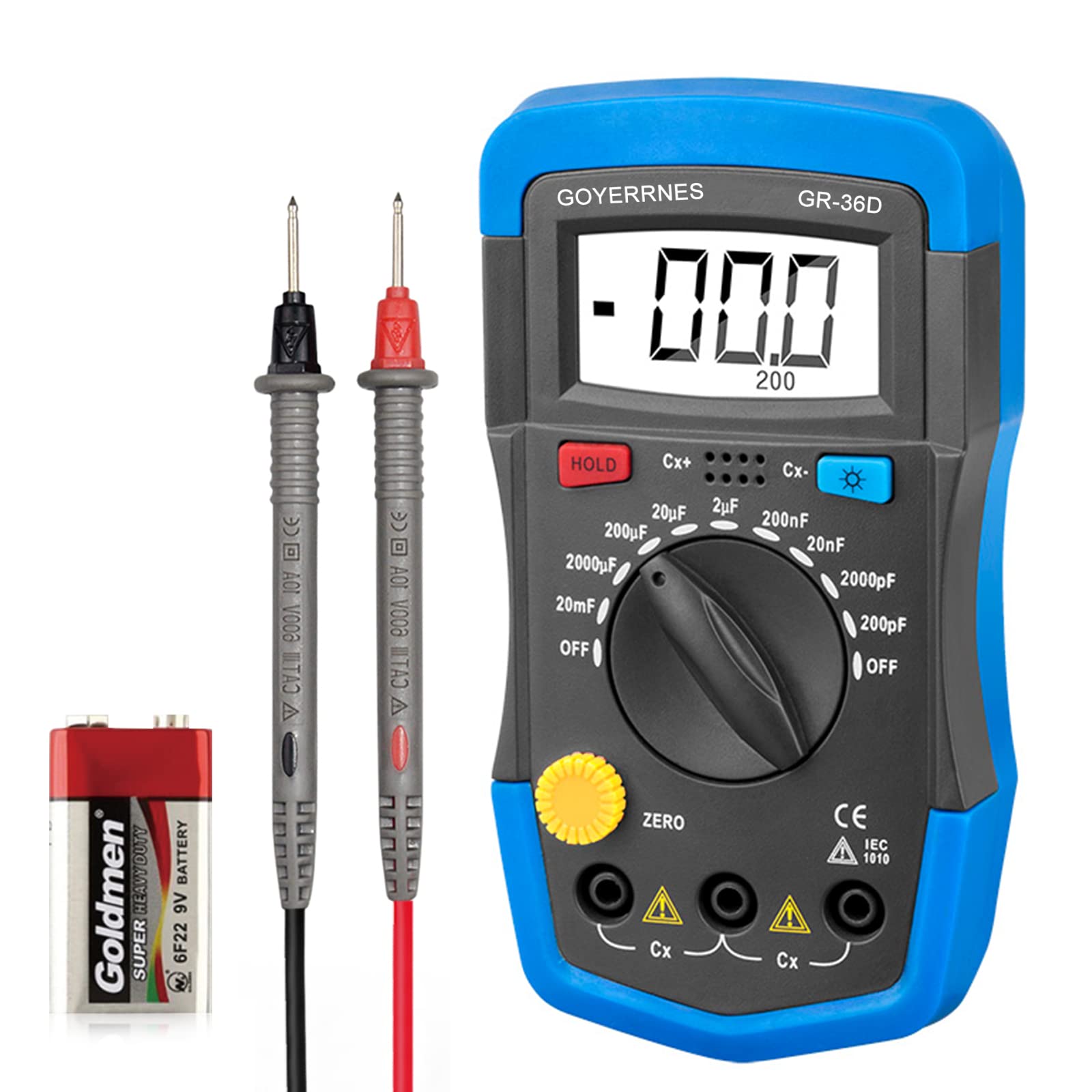 Capacitor Tester GR-36D Digital Multimeter Professional Handheld Capacity Tester 0.1pF to 20000uF with LCD Display, Data Hold, Backlight Function