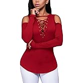 Defal Women's Sexy V-Neck Cold Shoulder Long Sleeve Blouse Shirt Slim Lace-Up Ribbed Stretchy T-Shirt Top