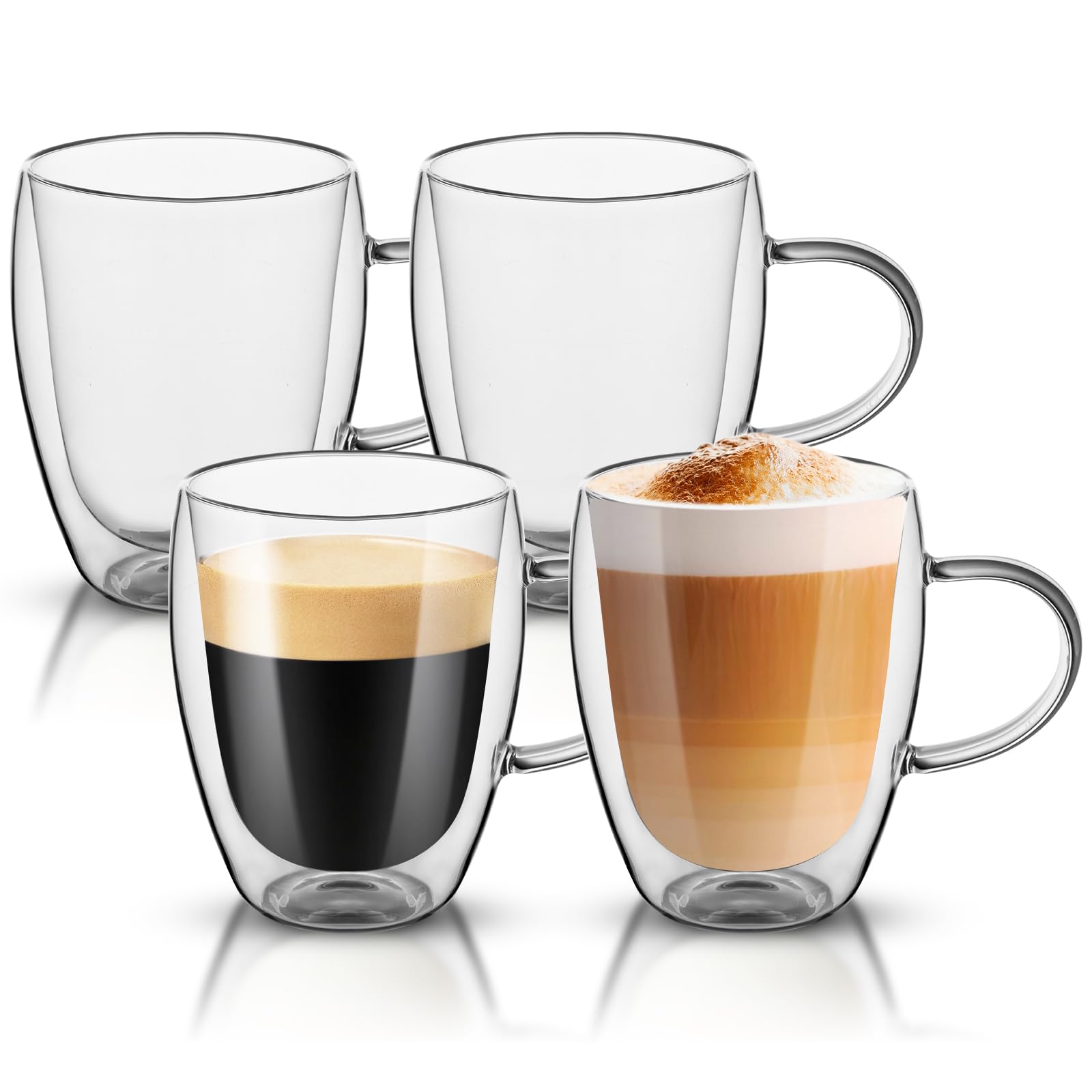 Dyserbuy 4 Pack Double Walled Glass Mug, Cappuccino Drinking Cups, Insulated Glass Coffee Cup with Handle, Perfect for Cappuccino, Latte, Espresso, Tea, Juice, Beverage (350ml/12oz)