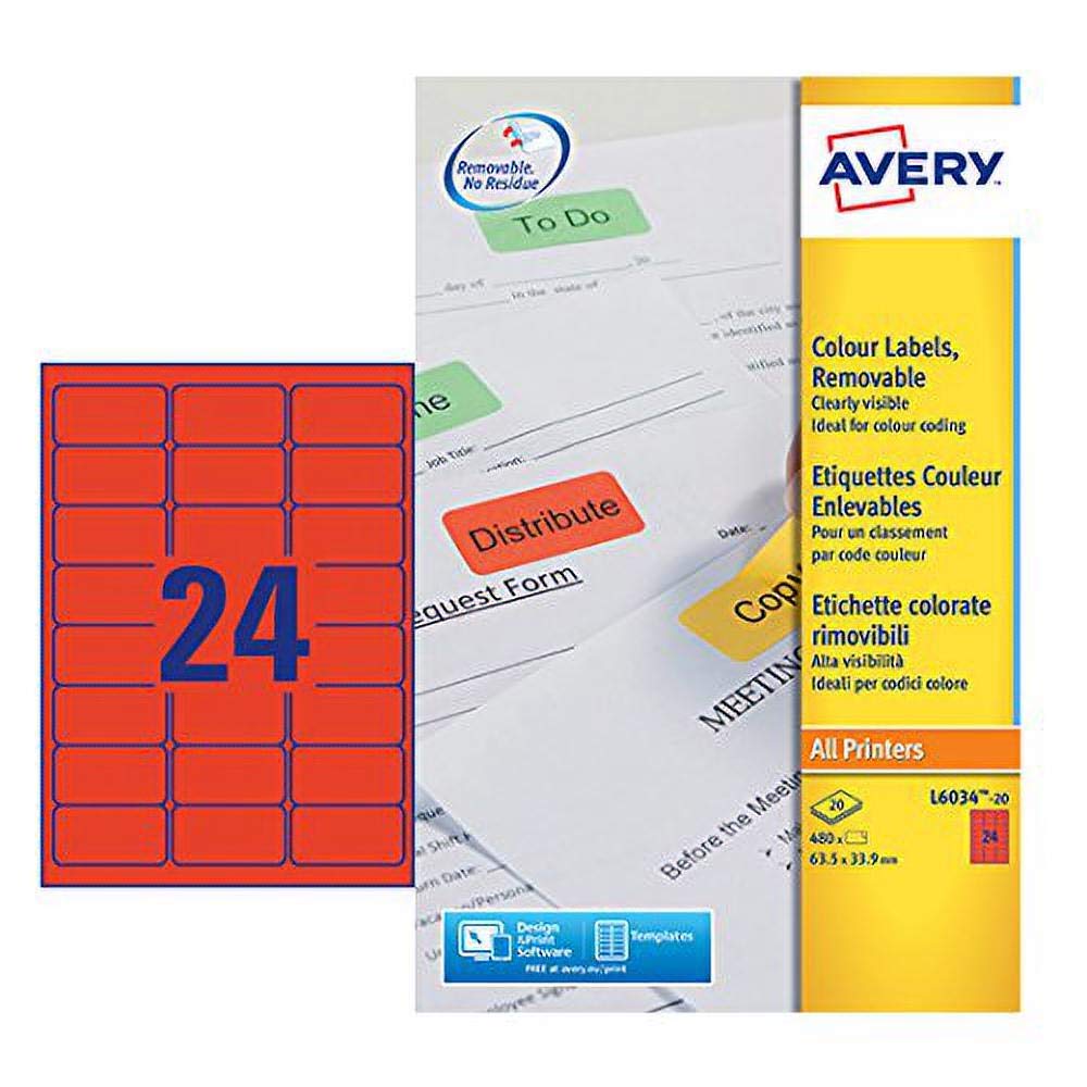 Avery TS-190099 L6034-20 Label, Red, Pack of 480