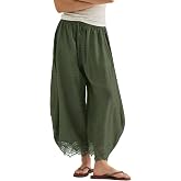 YESNO Women's Summer Wide Leg Lace Trim Cropped Barrel Pants PBP | Drawstring elastic waist, comfy trousers, hidden side pockets, loose fit lounge wear, beach vacation outfit