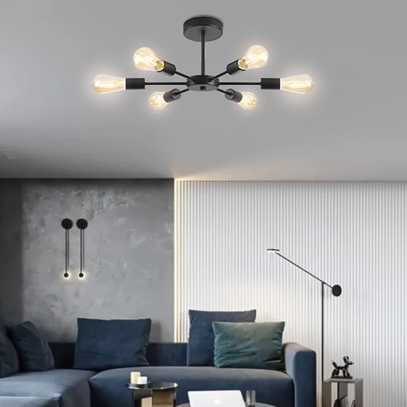 ANWIO Industrial Ceiling Light, 6 Bulbs, E27 Pendant Light, Black Metal Chandelier for Living Room, Bedroom, Dining Room, Balcony, Restaurant, Shop, Bar (Without Bulb)