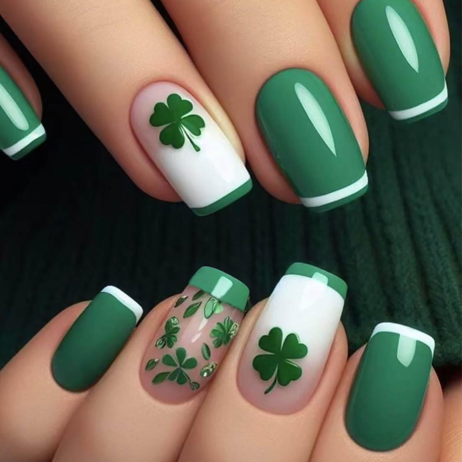 St. Patrick's Day Press On Nails Coffin Fake Nails Clover French Gradient Stick On Nails Acrylic Press On Nails Holiday Press On Nails Press On Nails For Women 24pcs