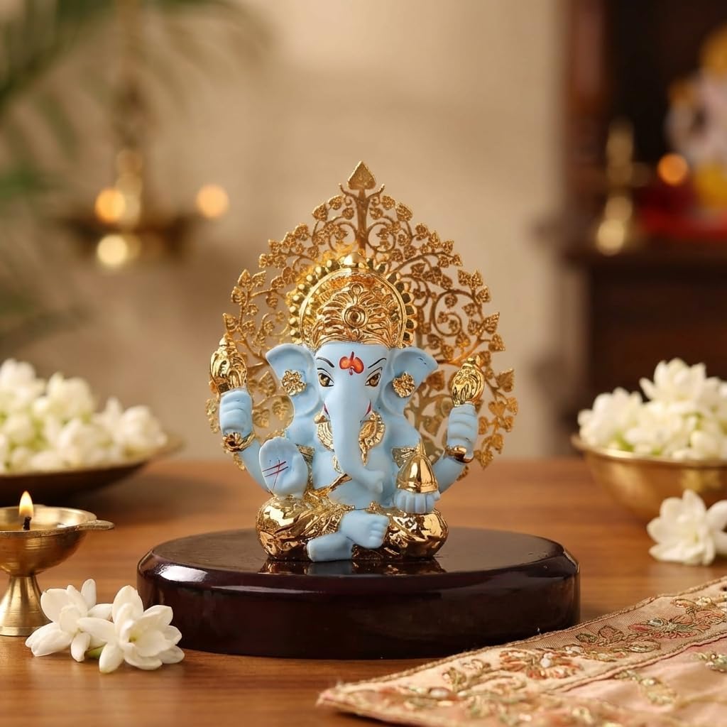 House Of Wemy 24k Gold Plated Ganesh Idol with Kalpavriksh Tree | Ganpati Statue for Car, Office Desk, Home Decor, Hindu Gifts - Resin | 4 x 3.2 x 1 Inches (Blue)
