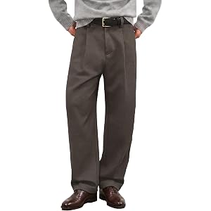 JMIERR Men's Heavyweight Baggy Pleated Straight Leg Brushed Dress Pants | Vintage Pleats Silhouette, Partial Side Elastic Wai