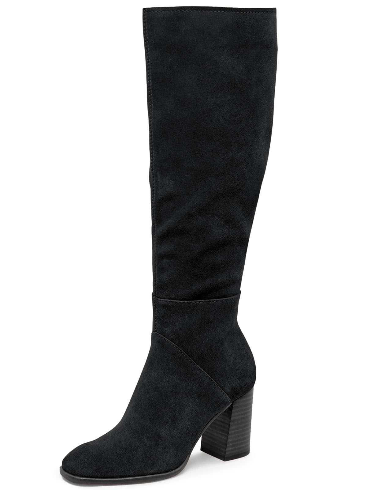 Coutgo Womens Knee High Boots Square Toe Chunky Block Heel Side Zipper ...