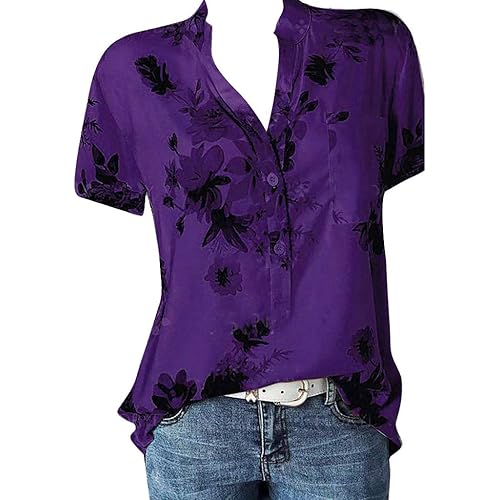 Tops for Women Summer,Blouse Shirts Floral Print V Neck Button Pocket Short Sleeve Summer Vintage Elegant Casual Tops