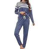 YAHESHION Womens Pajamas Sets Contrast Color Crewneck Long Sleeve Tops with Striped Pullover and Long Pants with Pockets
