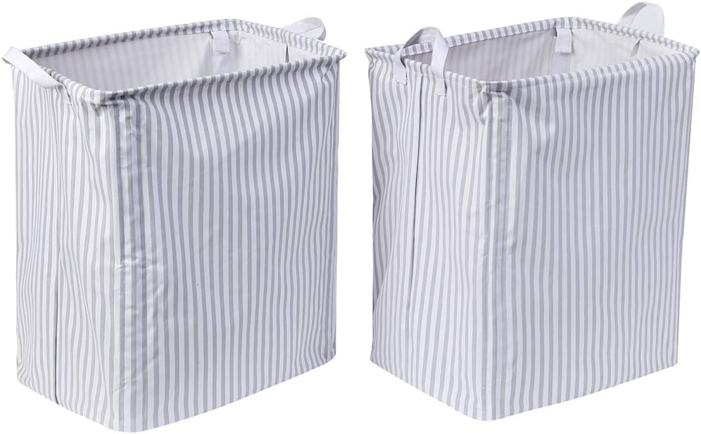 XNWYTECH Laundry Hamper Collapsible | Set of 2 Laundry Basket for Bathroom (White Oxford Clothes with Grey Striped, 19.7" H x 11.8" W x 15.7")