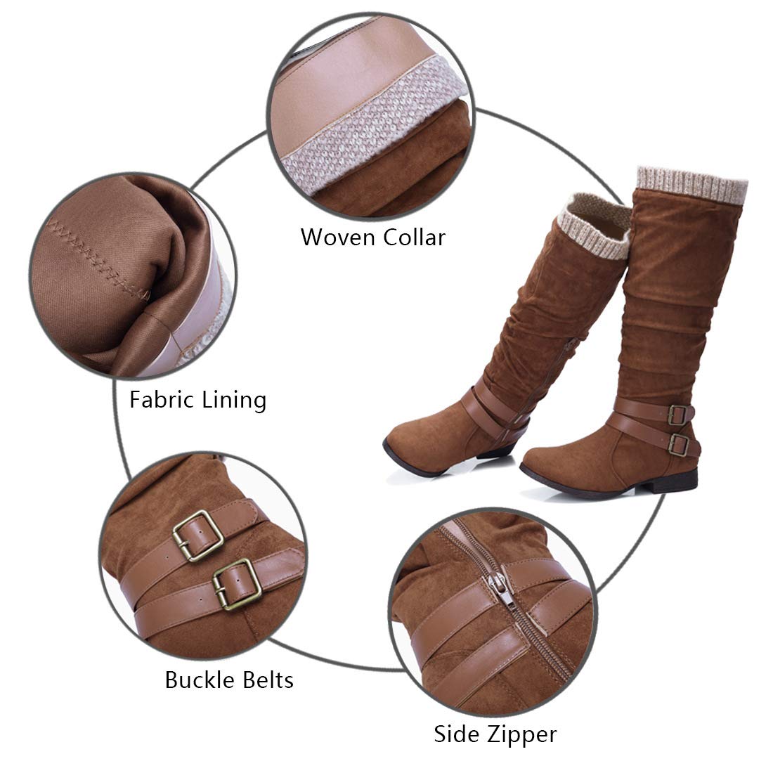 CAMEL CROWN Women\'s Faxu Suede Knee High Slouch Boots Wide Calf Low Block Heel Winter Riding Boots with Zipper Buckle Strap,Tan,Size 5.5UK