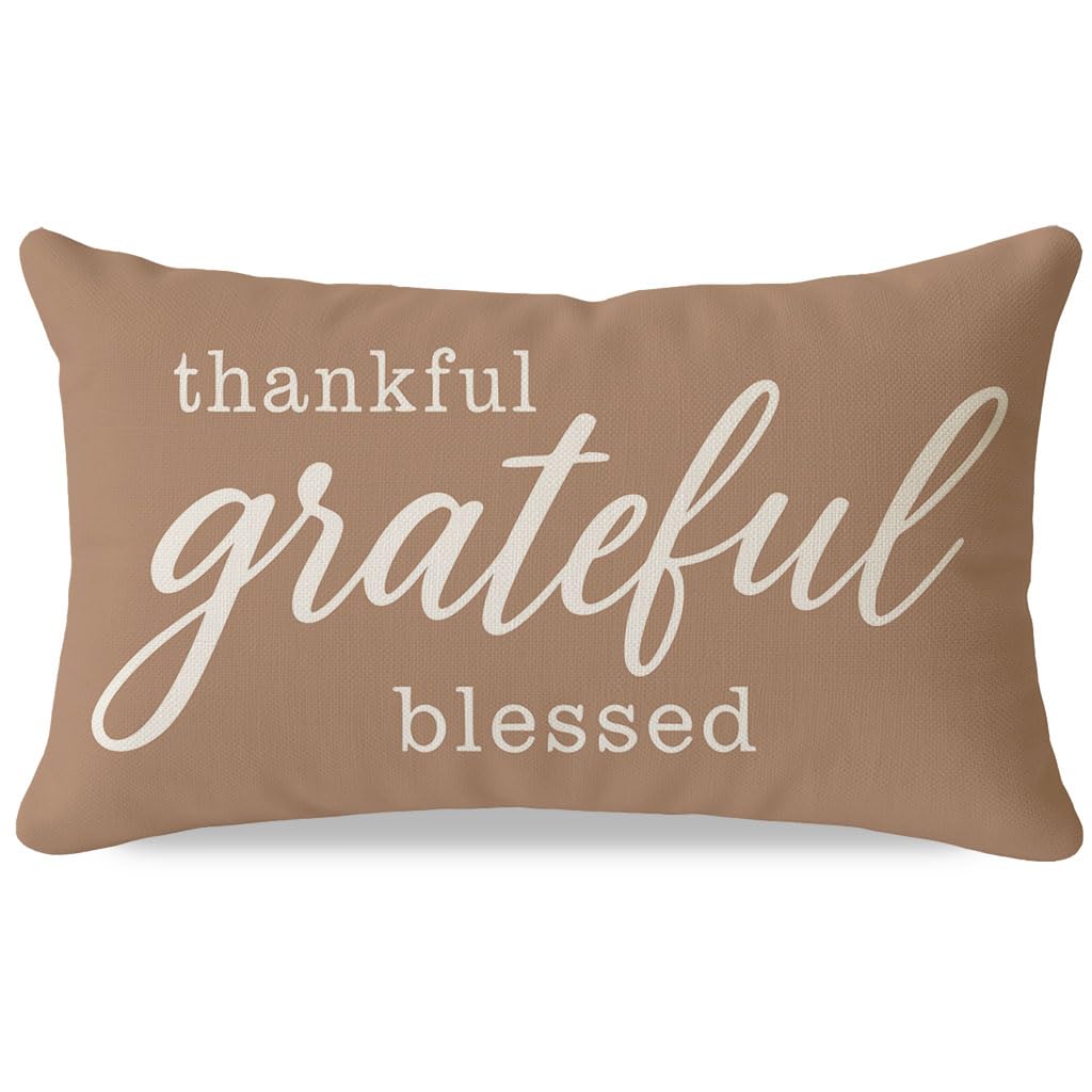 Photo 1 of PANDICORN Decorative Throw Pillow Covers 12x20 Grateful Thankful Blessed Warm Taupe Outdoor Fall Thanksgiving Decorations Lumbar Cushion Case Home Decor for Living Room Bedroom Sofa Couch Porch