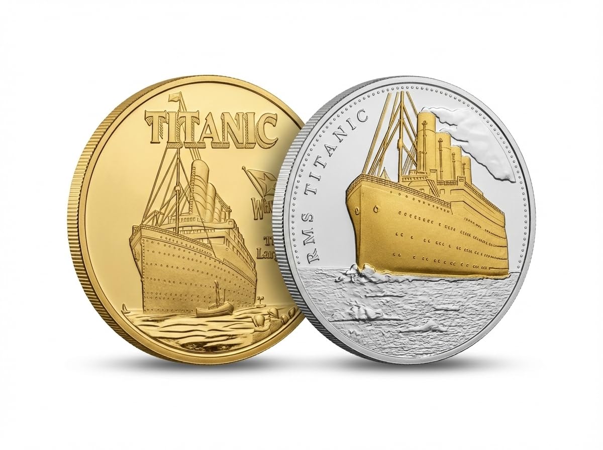 Eillwin Titanic Commemorative Set of Two Coins– Silver & Gold Color, 40 mm Collector Historical Memorabilia Souvenirs