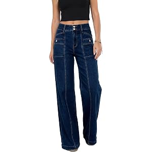 Astylish Women's Wide Leg Jeans High Waisted Double Buttons Stretchy Straight Leg Jean Trendy Denim Pants Big Pockets