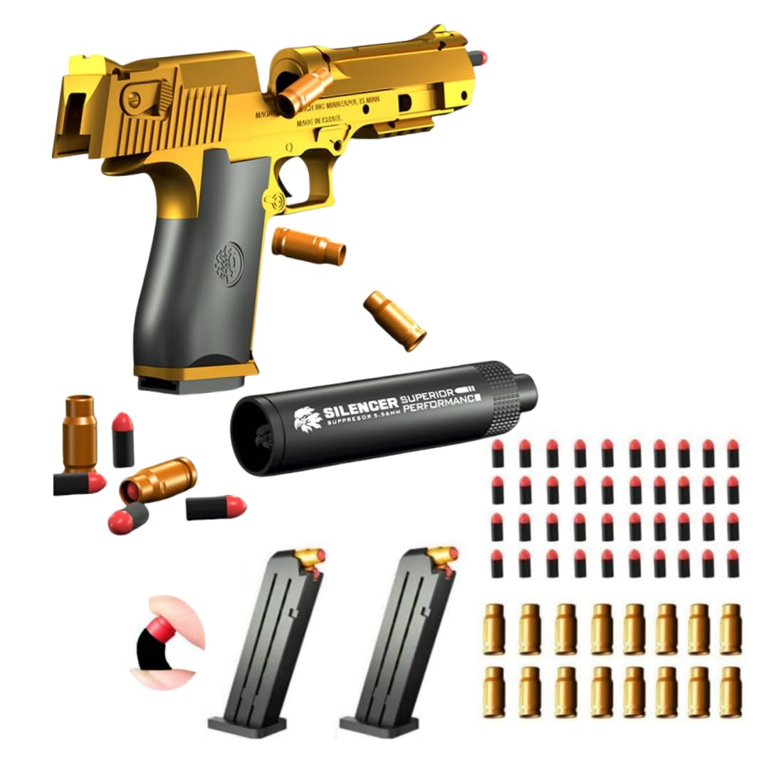 Toy gun with soft bullets,Foam Blasters,toy gun with ejectable magazine and bullets-1:1 size toy gun for safety training or play Outdoor Indoor Fun-unique gift（gold）
