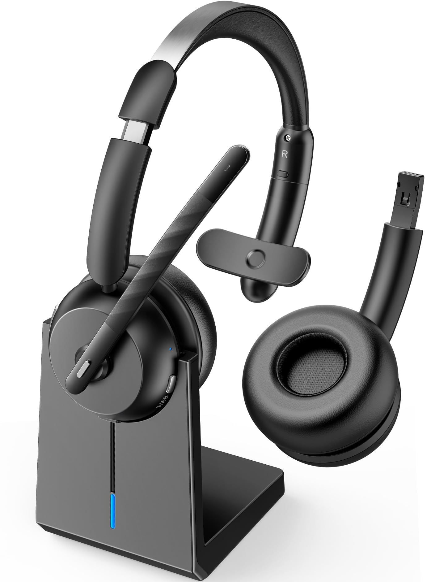 Photo 1 of COSMUSIS Wireless Headset with Mic for Work, Bluetooth 5.3 Headsets with Microphone and Detachable Earpads, 50H Playtime with Charging Base, Noise Cancelling Headphones for Work with Mic Mute