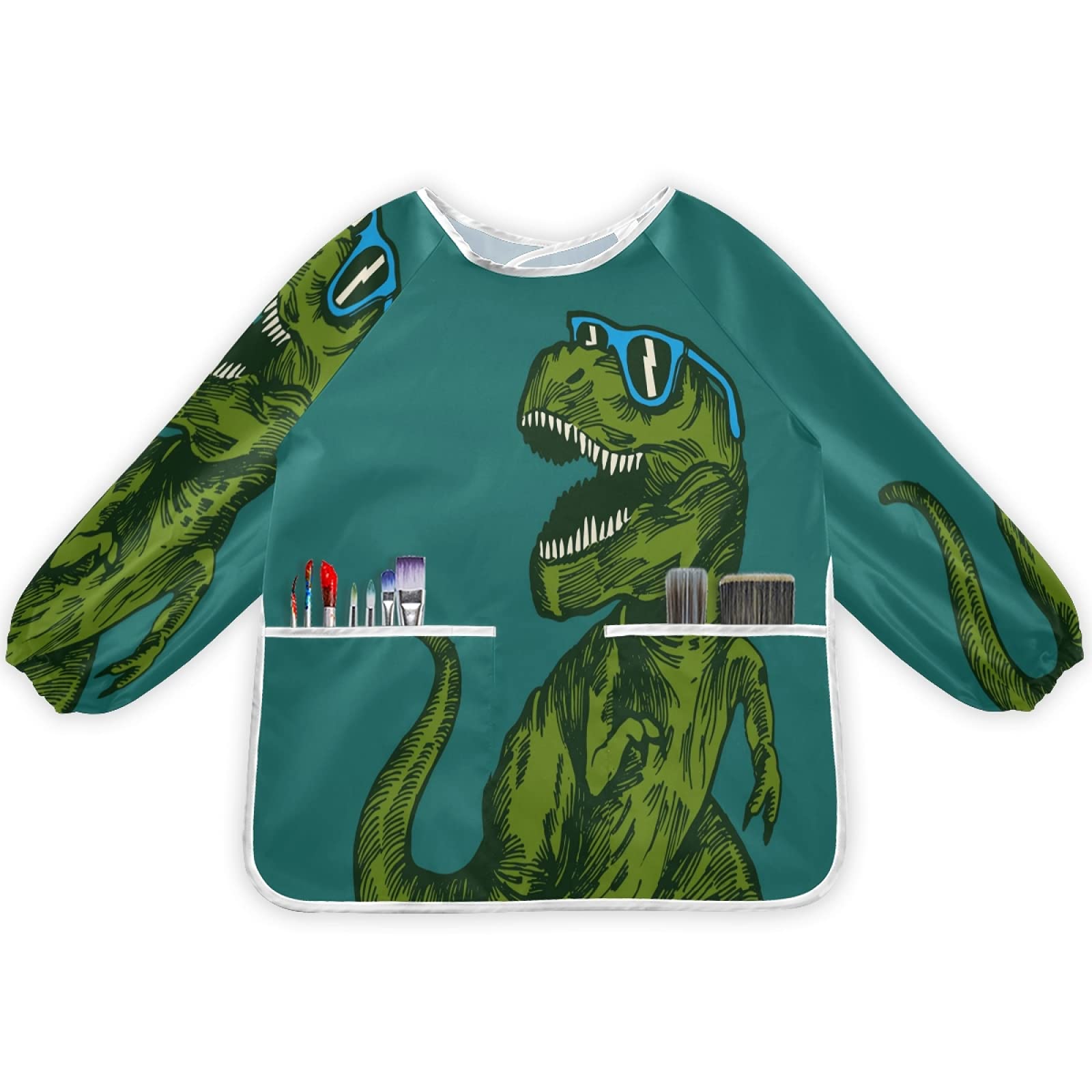 xigua Green Dinosaur Glasses Kids Art Smocks,Waterproof Artist Painting Aprons for For Dining, Playing, Painting for Age 2-6Years
