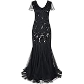 Women Vintage 1920s Gatsby Flapper Evening Party Dress V Neck Art Deco Sequins Mermaid Hem Cocktail Formal Long Maxi Gown