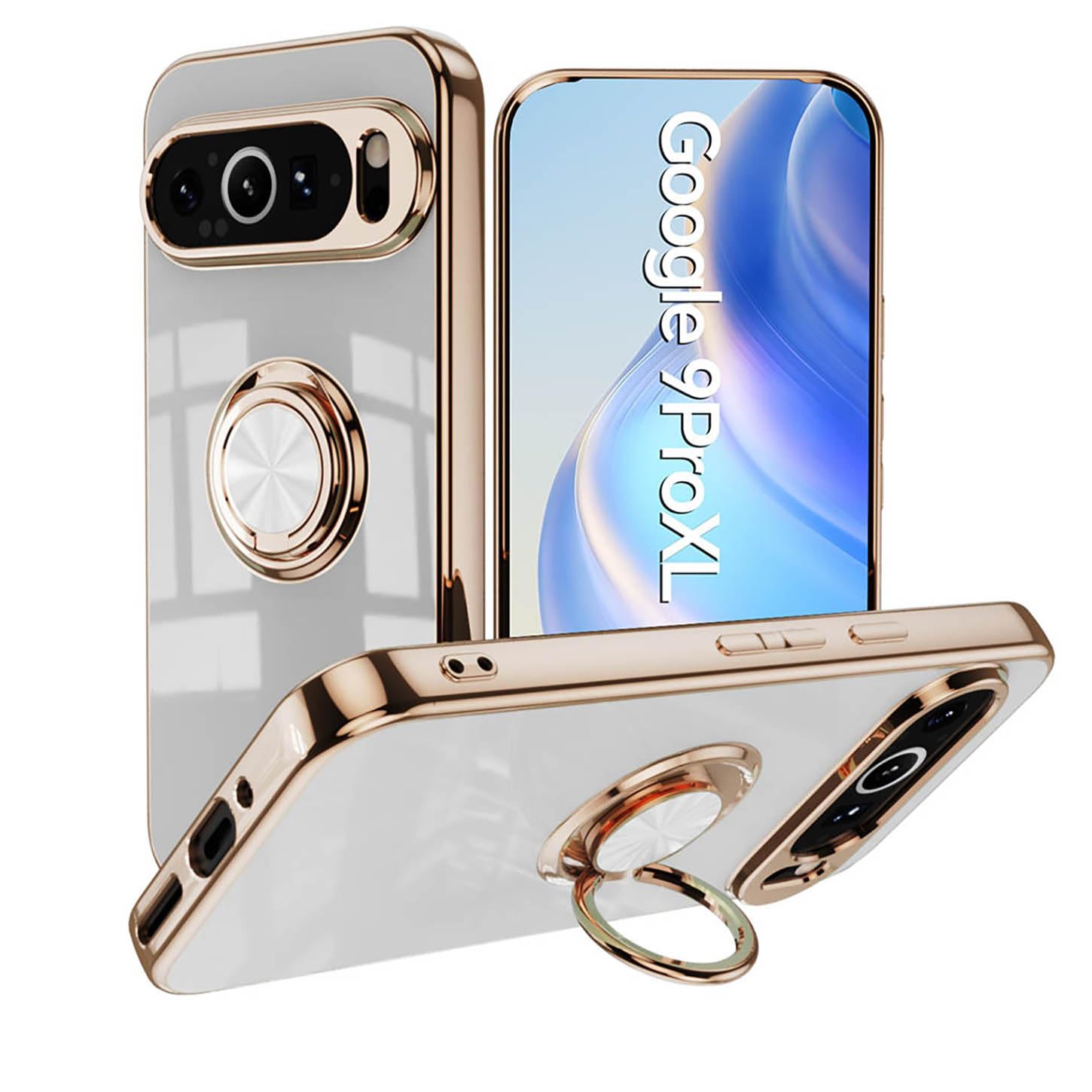 ILING Case for Google Pixel 9 Pro XL with 360 Degree Ring Kickstand, Luxurious Electroplated Gold Edging Design Soft TPU Silicone Shockproof Ultra-thin Women's Cover (White)