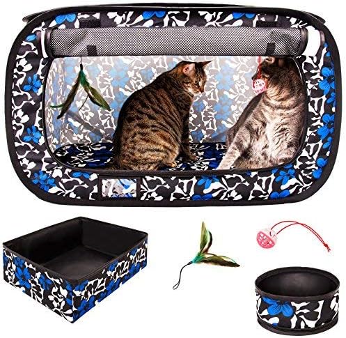CHEERING PET, Stress Free Cat Cage, Portable Cat Condo Cage, Collapsible Travel Litter Box, Foldable Feeding Bowl, Feather Teaser and Ball, Carrying Bag, Extra Large 32″ X 19″ X 19″