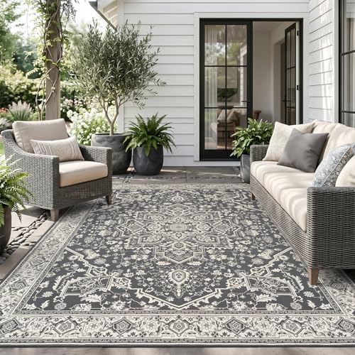 Engiw-Outdoor Rug-Patio Rug 8x10 Textured Weave Machine Washable Quick Dry Outdoor Carpet Braided Vintage Non Slip Indoor Outdoor Rug for Deck Porch Balcony Backyard Blackish Grey