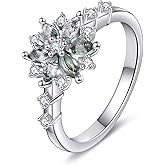 AINFQY Natural Moss Agate Ring for Women 925 Sterling Silver Snowflake Ring Moss Agate Jewelry Gift Engagement Rings