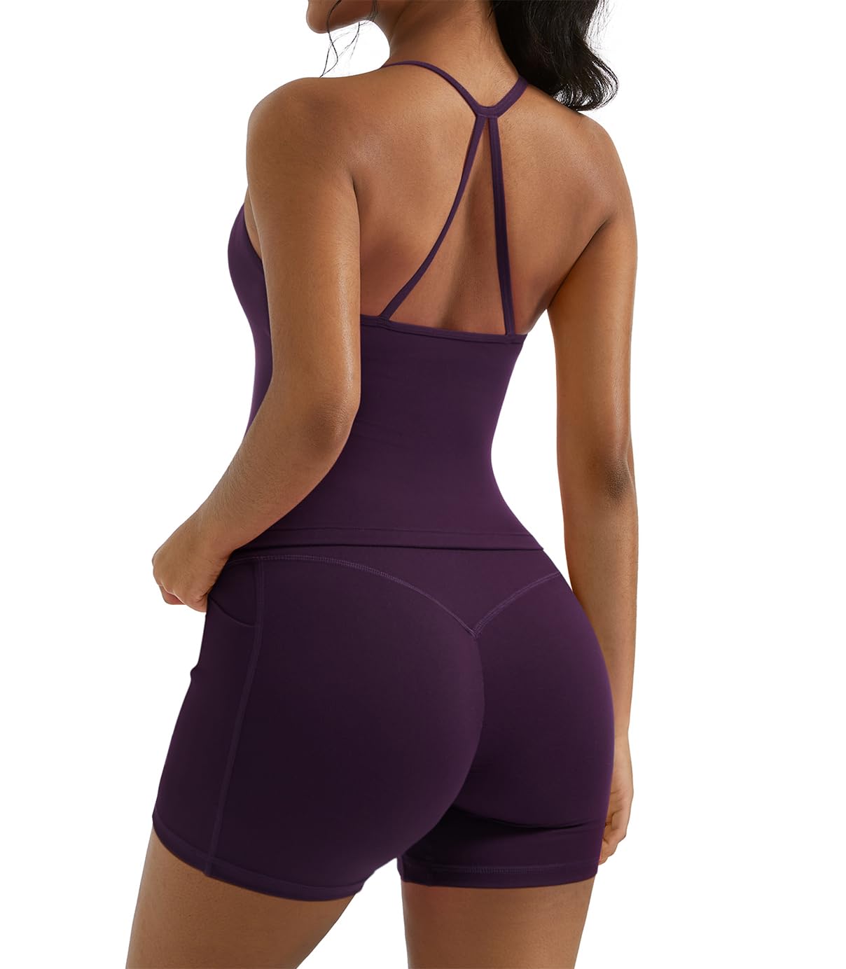 View 1 of *** Missing Bottoms*** OMKAGI 2 Piece Workout Sets for Women Padded Sports Bra Tank Booty Gym Shorts with Pockets(M,284-Violet Purple)