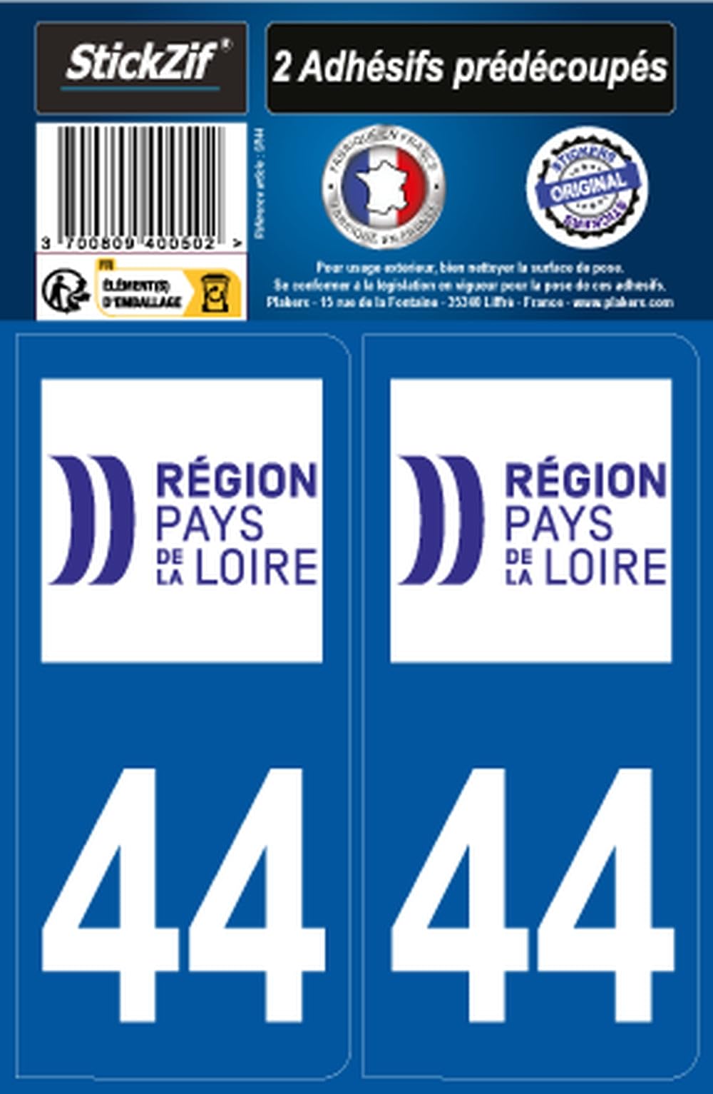 STICKZIF SR44 2 Self-Adhesive Stickers Department 44 Pays de La Loire Region Set of 2