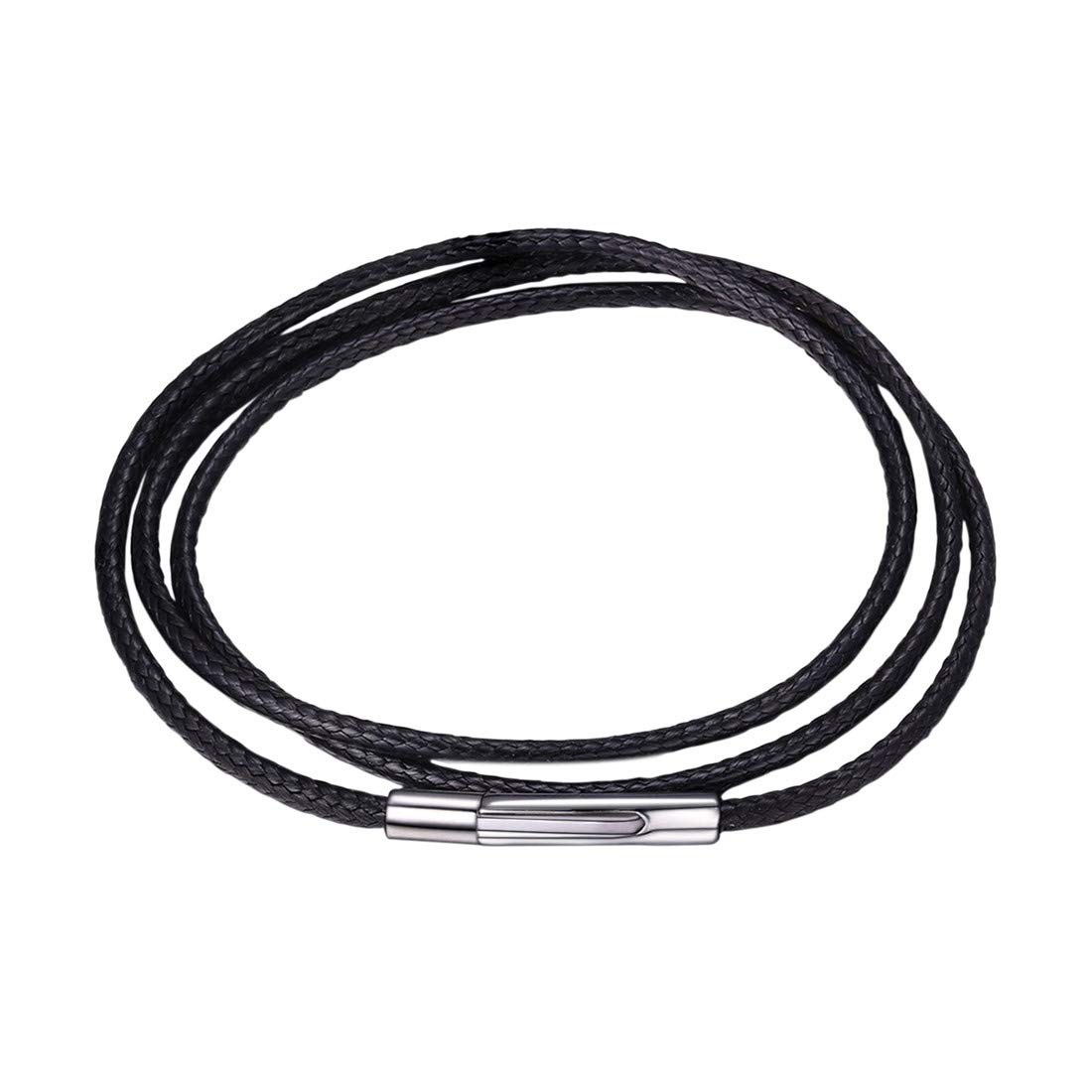 U7 2mm 3mm Black/Brown Leather Cord Necklace with Customizable Stainless Steel/Black Clasp, Men Women Woven Wax Rope Chain for Pendant,Length 16