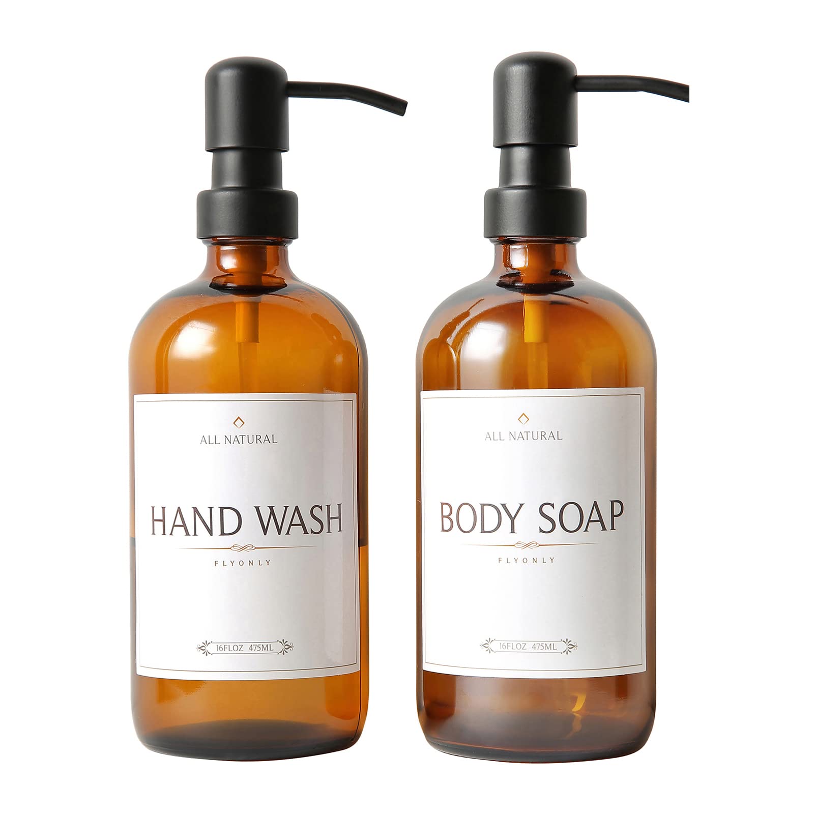 Elifel Amber Glass Soap Dispenser 2pack, 500ML Boston Bottles, Matte Black Stainless Steel Pump, Reusable, Rustproof, Leakproof, Ultraviolet Protection