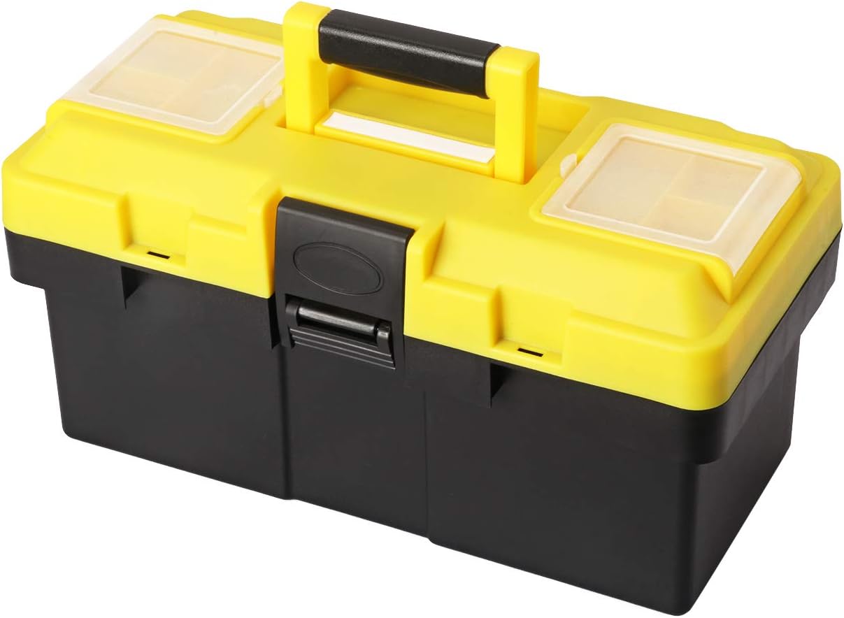 CASOMAN 14inch Plastic Tool Box with Tray and Dividers, Storage and
