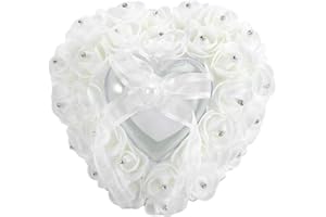 Hilitand Wedding Ring Cushion Pillow Romantic Heart Shaped Wedding Ring Box Rose Rhinestone Decorative Jewellery Boxes(White)