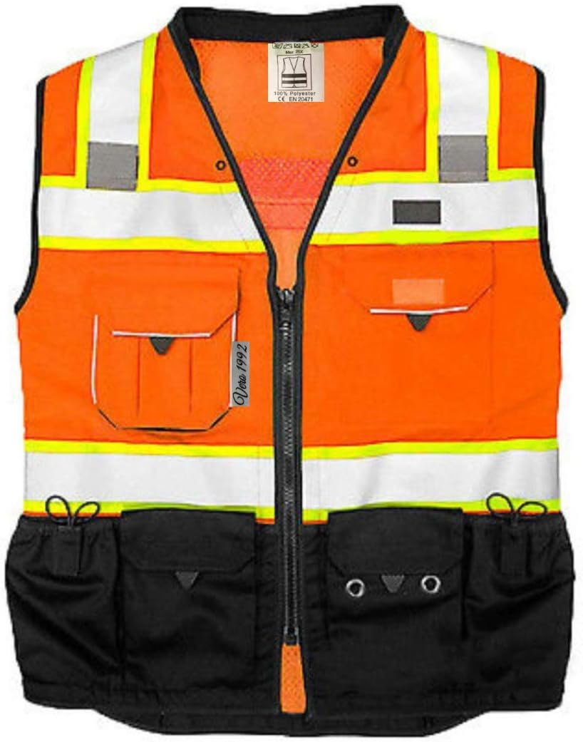 Vero1992 Vest Mens Class 2 Black Series Serveyors Utility Pockets Safety Vests Premium Black Series Serveyors Vest (Extra Large, Orange/Black)