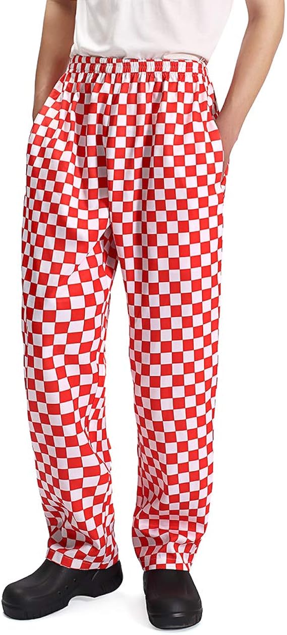 Men’s Black and White Checkerboard Print Chef Pants with Elastic Waist