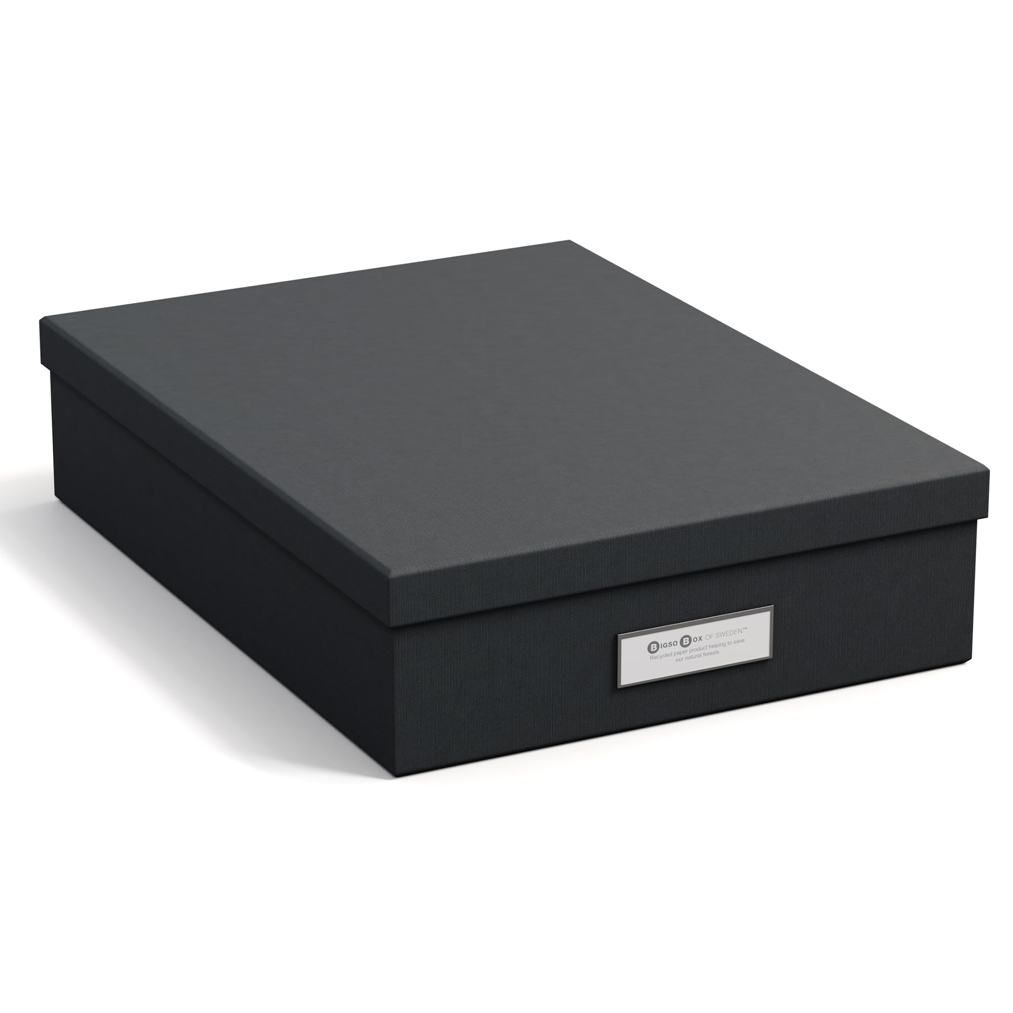 Bigso Box of Sweden Document box for A4 paper, Brochures and Notes - Box with Lid and Leather Handle - Fibreboard and Paper Box Storage with Lid - Black