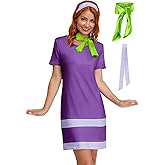 Halloween Women's Party Cosplay Costume Short Sleeve Daphn Mini Dresses with Scarf and Headband Purple L