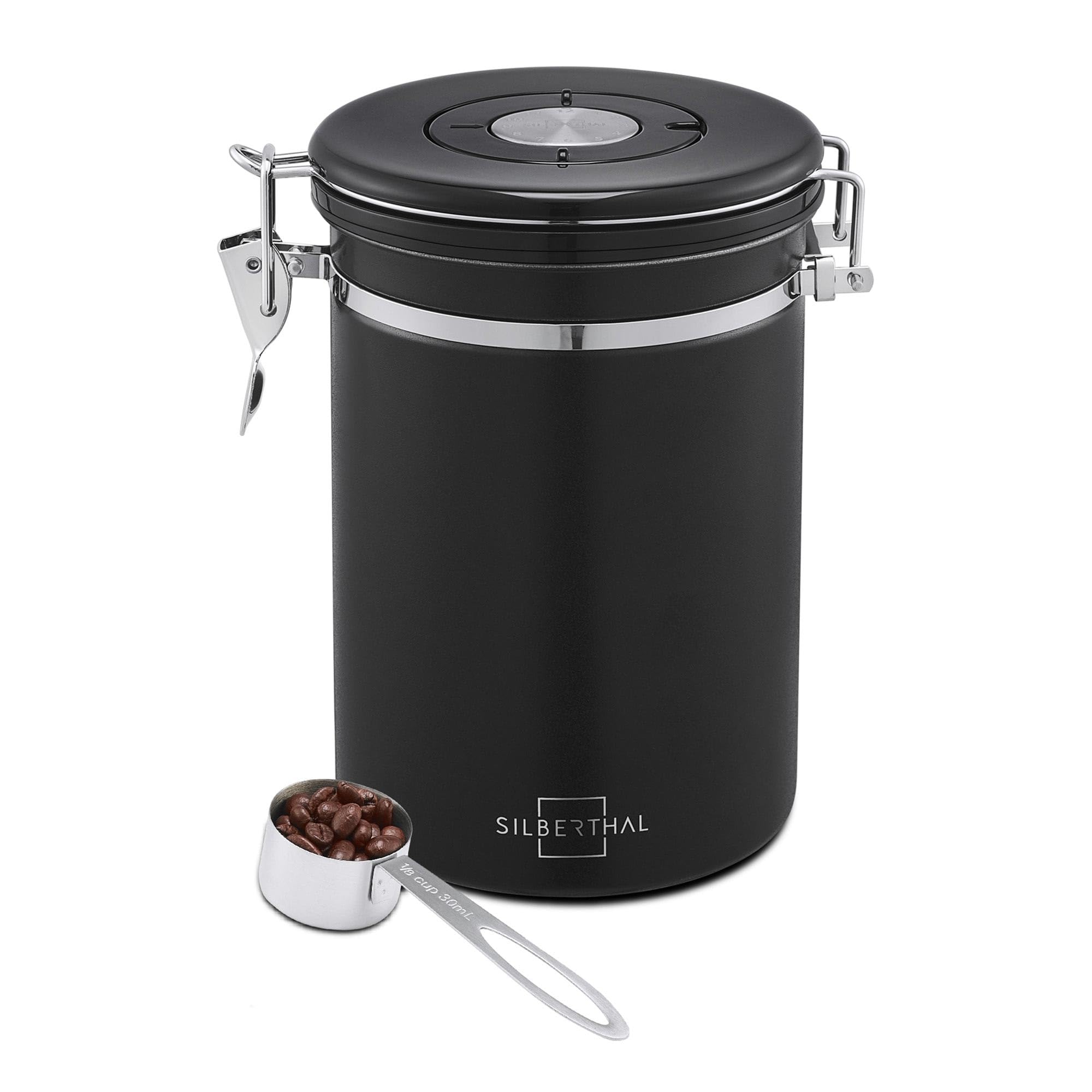 SILBERTHAL 500g Stainless Steel Airtight Coffee Canister for Coffee Beans Coffee Powder with Measuring Spoon (Black)