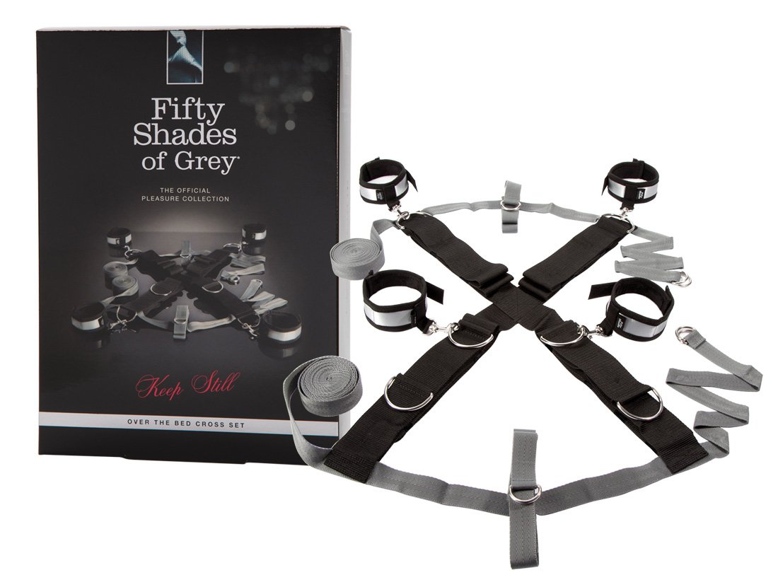 Fifty Shades of Grey Keep Still Restraint Kit - Over The Bed Cross Restraint Set - Faux Fur Lined Detachable Cuffs - Includes Blindfold & Door Hanger - 80 Inch Adjustable Bondage - Black/Grey