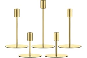 Smtyle Christmas Gold Taper Candle Holders for Candlesticks Set of 5 Short Matte Finial for Wedding Dining Table Centerpiece,Golden Birthday Gifts Decor