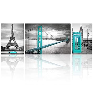 Visual Art Decor Black White And Turquoise Architecture Wall Decor Prints Living Room San Francisco Golden Gate Bridge Eiffel Tower London Booth Big