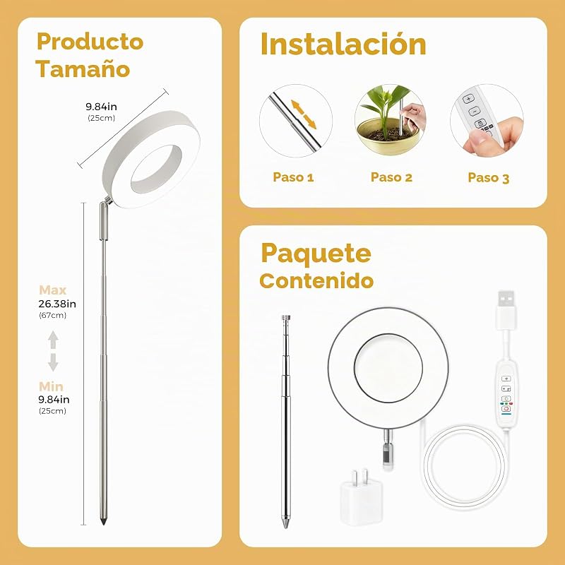 luz crecimiento plantas interior anillo LED espectro completo 380 800nm luces de crecimiento para plantas maceta altura ajustable grow light impermeable IP54 USB luz para plantas interior