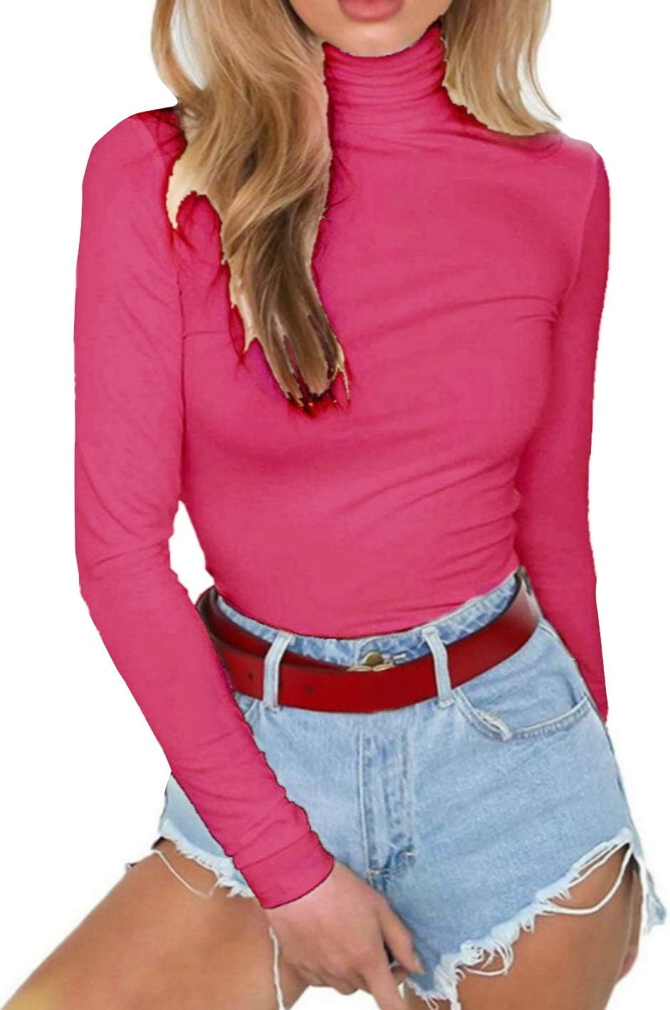 PRIMODA Women Stretchy Turtleneck Long Sleeve Bodysuits Basic Solid Color Bodycon Leotard
