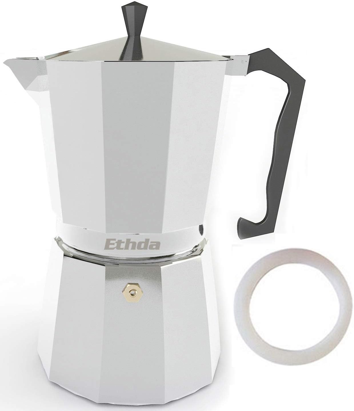 ETHDA Stovetop Espresso Maker, Moka Pot, Coffee Maker for Italian Cappuccino, Latte, Silver, Aluminum, Extra Gasket Included,Safety Valve,Strong Handle, On the Go Camping Pot,Mother's Day Gift (6 Cup)