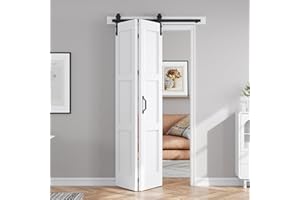 FREDBECK 42X84(Double 21x84) Bifold Door Bi-fold Barn Doors White Double with 46" Hardware Track Kit Included,Solid MDF with Water-Proof PVC Surface for Closet,Assembly Required