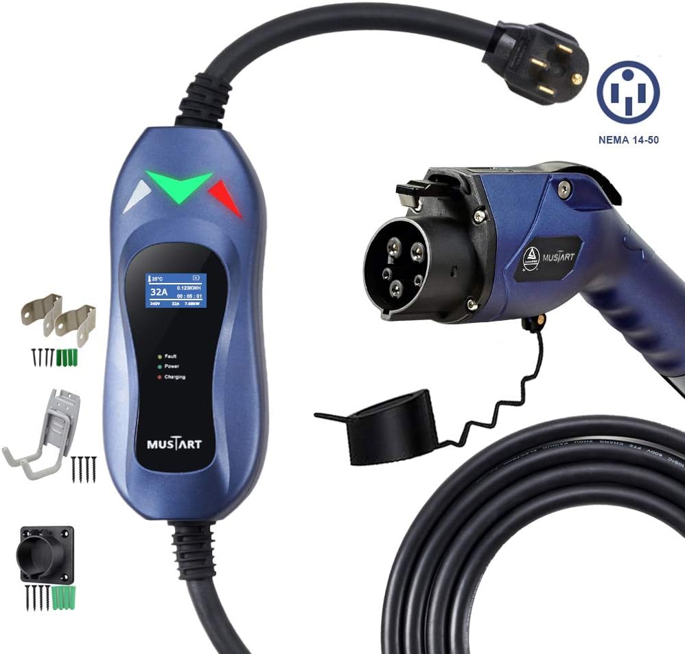 MUSTART Level 2 Portable EV Charger (240 Volt, 25ft Cable, 32 Amp), Electric Vehicle Charger Plug-in EV Charging Station with NEMA 14-50P (Upgrade Version)