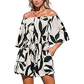 CUPSHE Women's Summer Casual 3/4 Sleeve Romper Wide Leg Floral Tropical Off Shoulder Elastic Waist Jumpsuit with Pockets