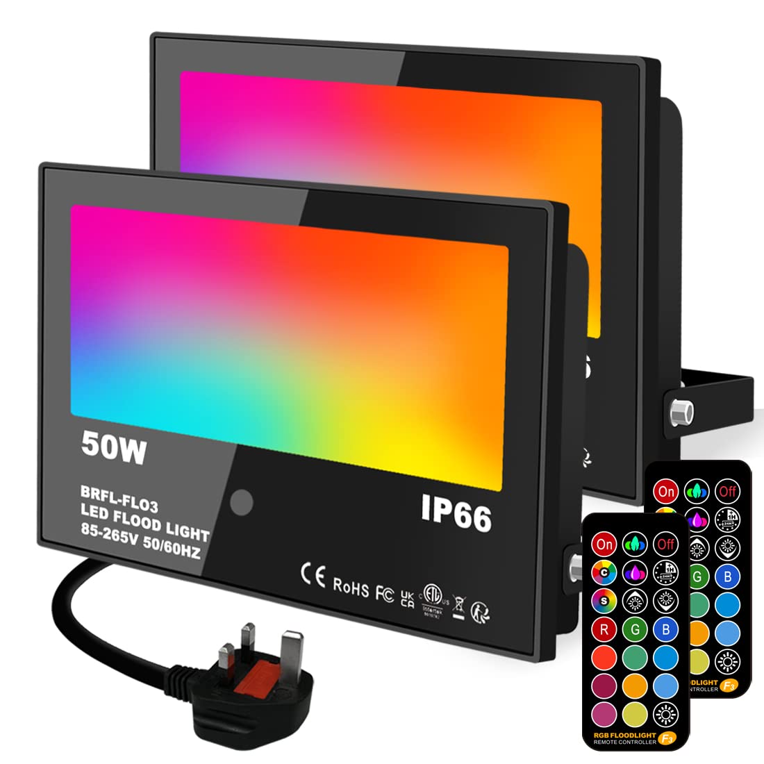 Lighting masters LED Floodlight Outdoor 50W, RGB Colour Changing Flood Lights with Remote Control，Timed, DIY Mode, Garden Lighting，IP66，UK 3-Plug (2 Pack)